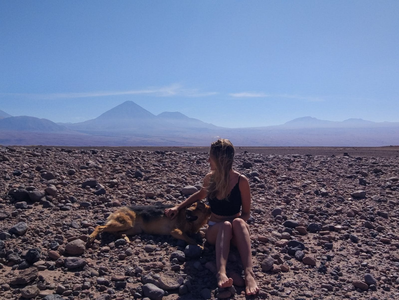 Mulher no deserto do Atacama com um cachorro ao lado. De fundo, dá para ver 2 vulcões.